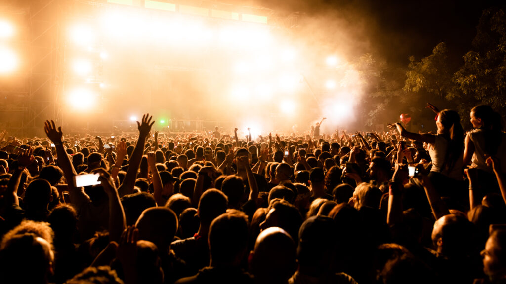 Rear view of large group of music fans in front of the stage during music concert by night. Copy space.
